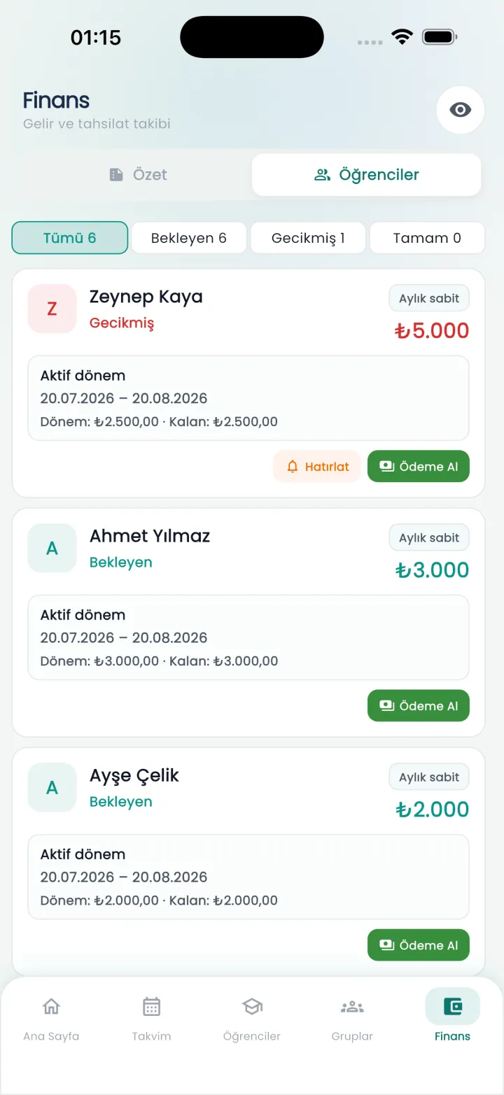Trimcy finans ekranı: bekleyen ve gecikmiş ödemeler, hatırlatma