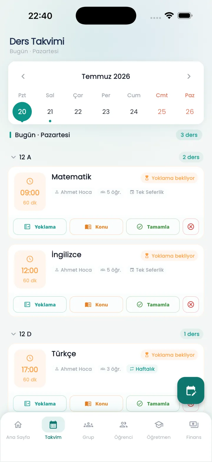 Trimcy ders takvimi ve yoklama ekranı