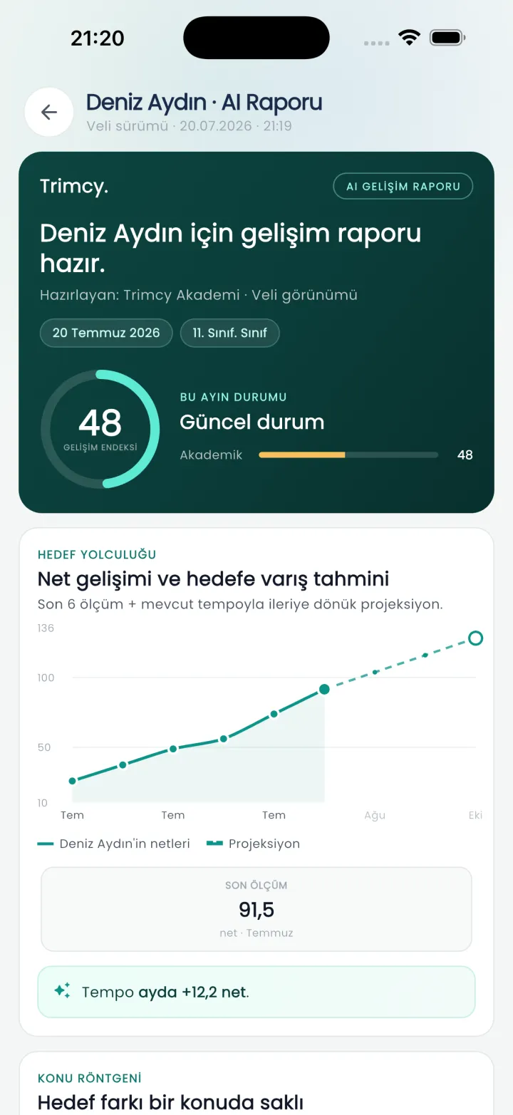 Trimcy yapay zekâ gelişim raporunun veli görünümü